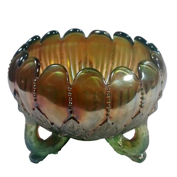 Vintage Northwood Aqua Opal Carnival Glass Leaf & Beads Footed Rose Bowl - Picture 9 of 16